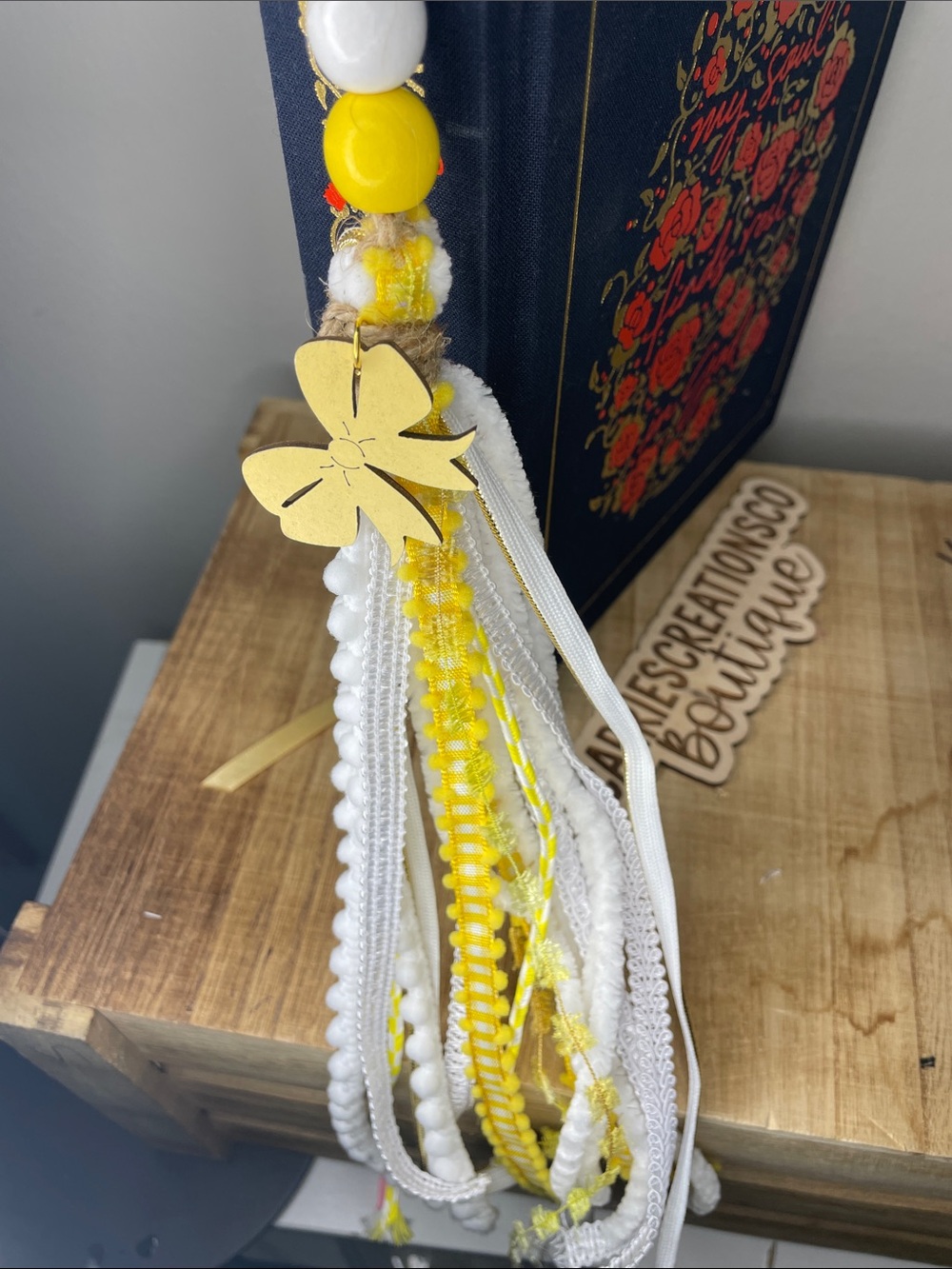 Yellow & White Boho Bible Tassel with Wooden Beads